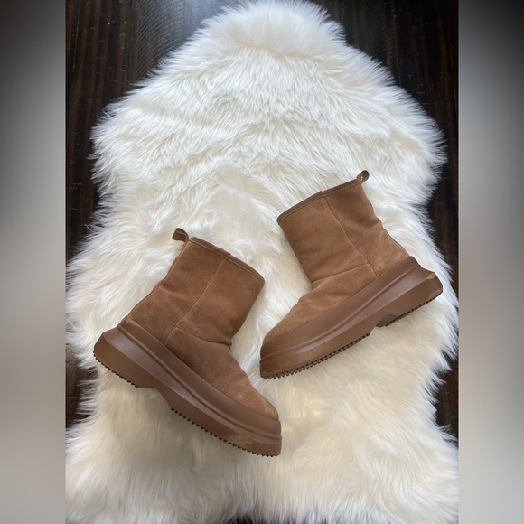 Zara Women's Suede Chunky Platform Winter Ankle Boots Tan Sherpa size 39 - Picture 6 of 12